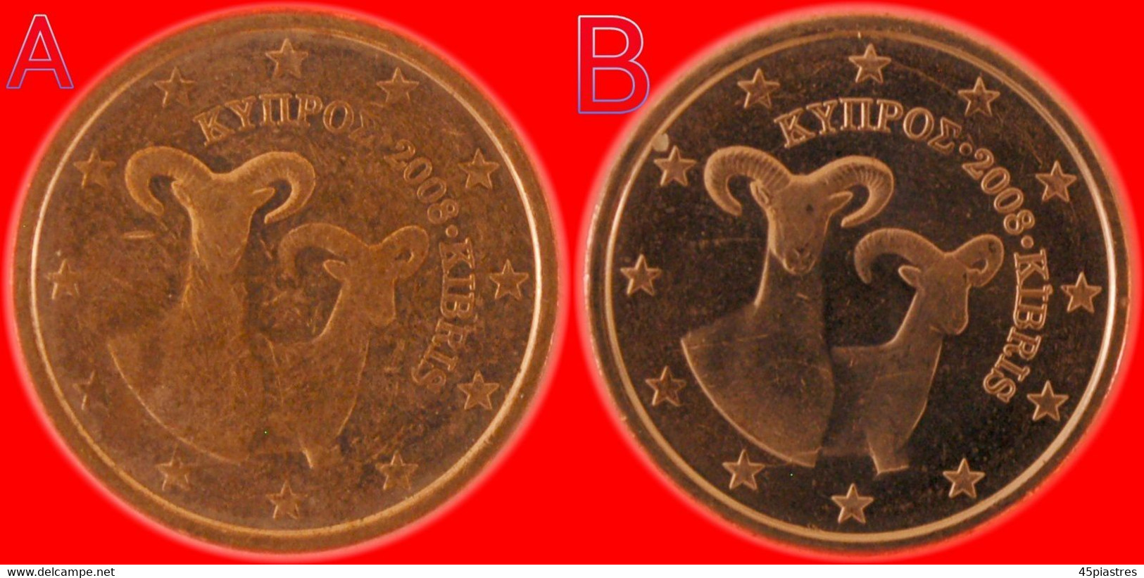 * TWO VARIETIES FINLAND ★ CYPRUS 2 CENTS 2008 DIES A And B! MINT LUSTRE!  LOW START &#9733; NO RESERVE! - Zypern