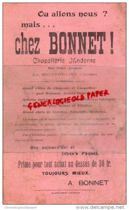 23 -  LA SOUTERRAINE -PUB CHEZ BONNET- CHAPELLERIE MODERNE- RUE SAINT JACQUES-IMPRIMERIE GARIEL QUELLET - Printing & Stationeries