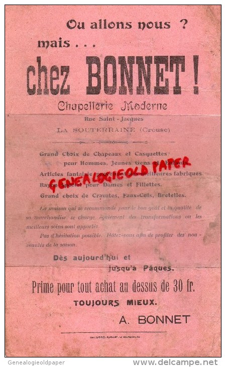 23 -  LA SOUTERRAINE -PUB CHEZ BONNET- CHAPELLERIE MODERNE- RUE SAINT JACQUES-IMPRIMERIE GARIEL QUELLET - Imprimerie & Papeterie