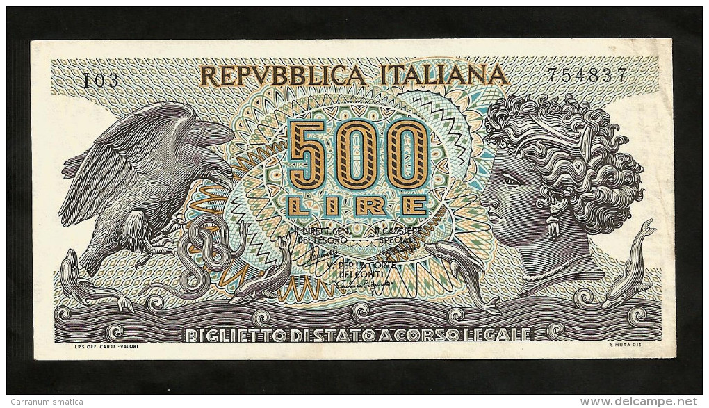REPUBBLICA ITALIANA - 500 Lire ARETUSA (Decr. 20 / 06 / 1966) ITALIA - 500 Lire