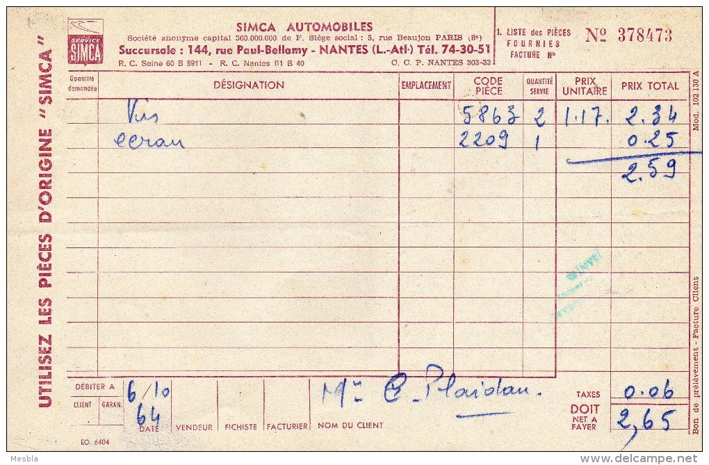 FACTURE -  SIMCA  AUTOMOBILES - 144 Rue Paul - Bellamy -  Nantes - Automobile