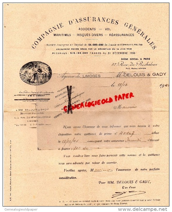 87 - LIMOGES - COMPAGNIE ASSURANCES GENERALES MARITIMES- DELOUIS- GADY- 5BIS- RUE GAL CEREZ-1941- PARIS - Banque & Assurance