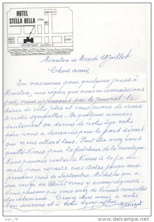 Lettre Carte Postale HOTEL  STELLA BELLA Promenade George V à Menton - Menton