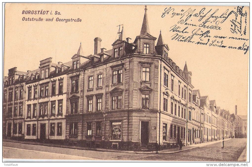 BURGSTÄDT Oststraße Ecke Georgstraße Conditorei Caffee Erich Stoll 24.8.1908 Gelaufen - Burgstädt