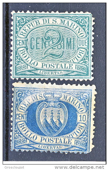 San Marino 1877 N. 1 C. 2 Verde E N. 3 C.10 Oltremare MH - Unused Stamps