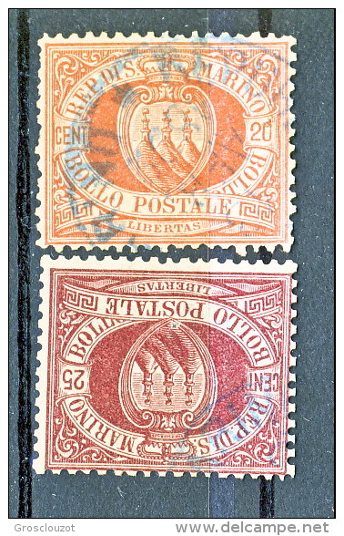 San Marino 1877 N. 4 C. 20 Rosso E N. 5 C. 25 Bruno Lacca Usati - Gebruikt