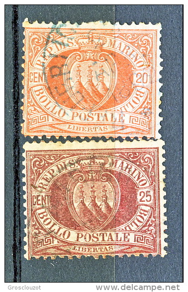 San Marino 1877 N. 4 C. 20 Rosso E N. 5 C. 25 Bruno Lacca Usati - Oblitérés