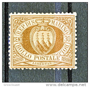 San Marino 1877 N. 6a C. 30 Bruno Chiaro MH Perfetta Centratura, Freshissimo, Firmato Biondi Cat. &euro; 600 - Neufs