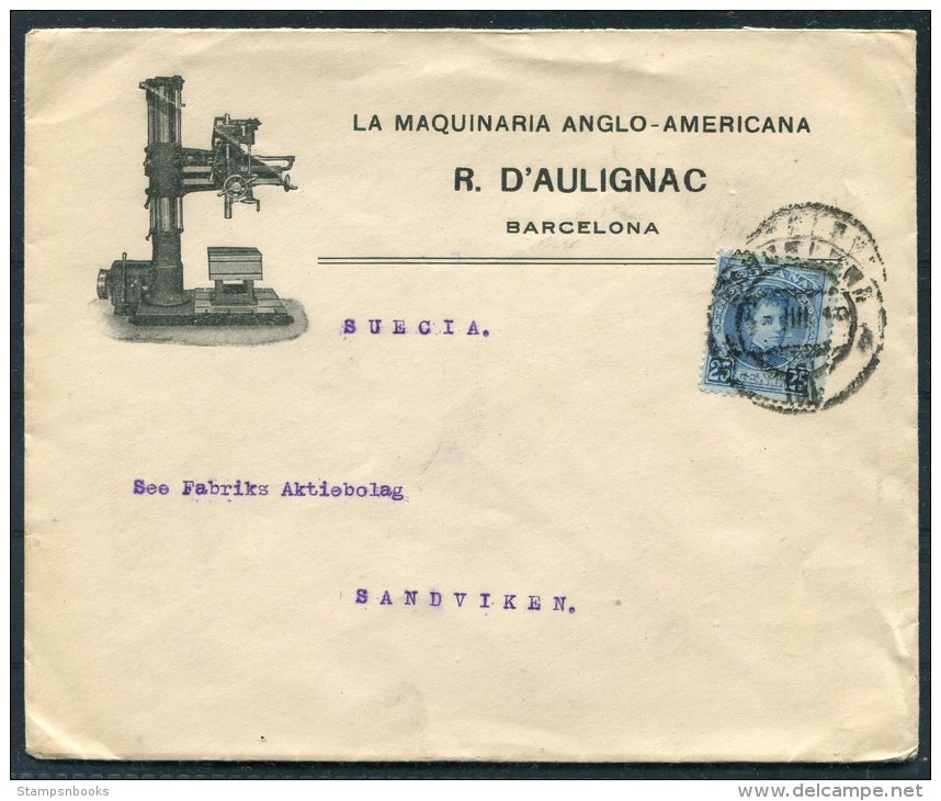 1910 Spain Barcelona La Maquinaria Anglo-Americana R. D'Aulignac Advertising Cover Sandviken Sweden LMAA Flags Buffalo - Covers & Documents