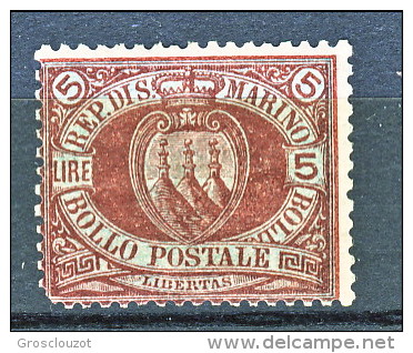 San Marino 1892-94  N. 22 Lire 5 Carminio Su Verde MH - Ongebruikt