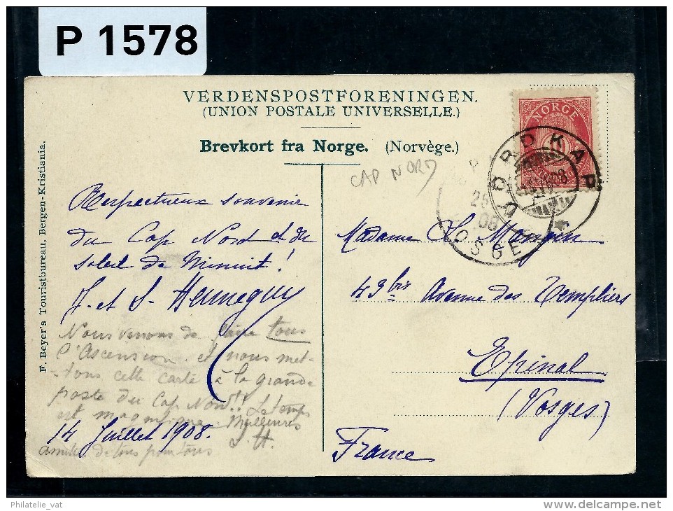 NORVEGE - OBLITERATION DE NORDKAP SUR CP EN 1908 POUR LA FRANCE  A VOIR - Lettres & Documents