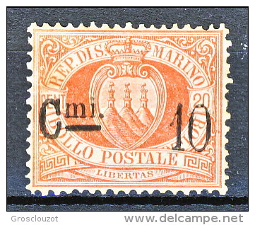 San Marino 1892 N. 10, Cmi 10 Su C. 20 Rosso MH, Perfetta Centratura - Nuovi