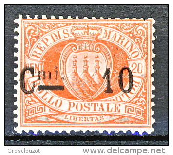 San Marino 1892 N. 10, Cmi 10 Su C. 20 Rosso MH - Nuovi