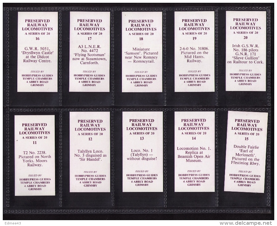 Série Complète De 20 Petites Photos (trade Cards) « Preserved Railway Locomotives », Hobbypress, 1983 - Eisenbahnverkehr