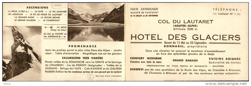 05 - COL DU LAUTARET - CARTE PUBLICITAIRE Hotel Des Glaciers Et Carte De Visite - Dépliants Touristiques