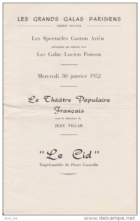 Les Grands Galas Parisiens - Gaston Ariën, Gerard Philipe. Cercle Royal Artistique. -Anvers 30 Janv. 1952 ....Ford - Programmes