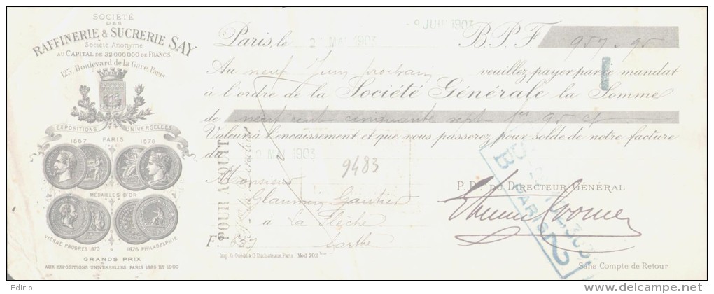 LETTRE DE CHANGE - 1903 - Raffinerie Et Sucrerie SAY  PARIS Médailles TTB - 1900 – 1949