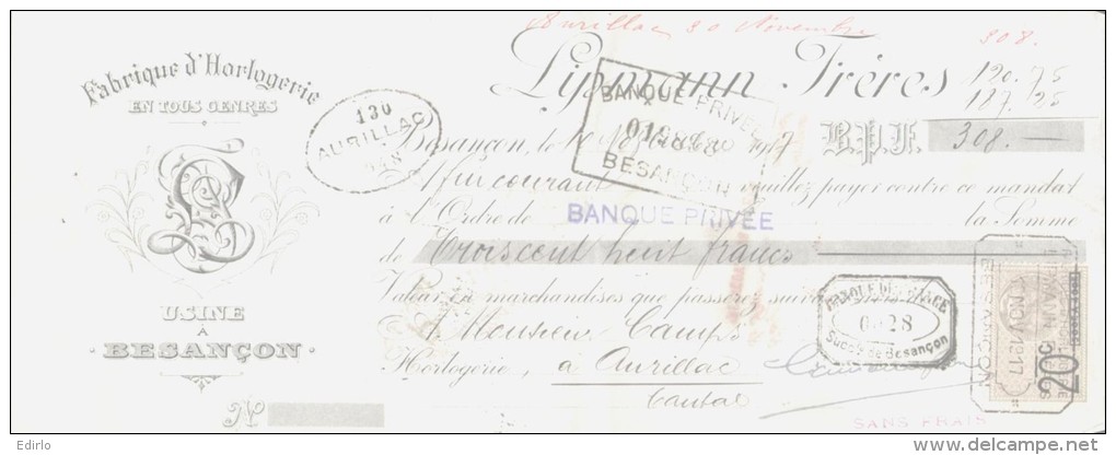 LETTRE DE CHANGE - 1917 - Fabrique D'Horlogerie LYPMANN Frères BESANCON - 1900 – 1949