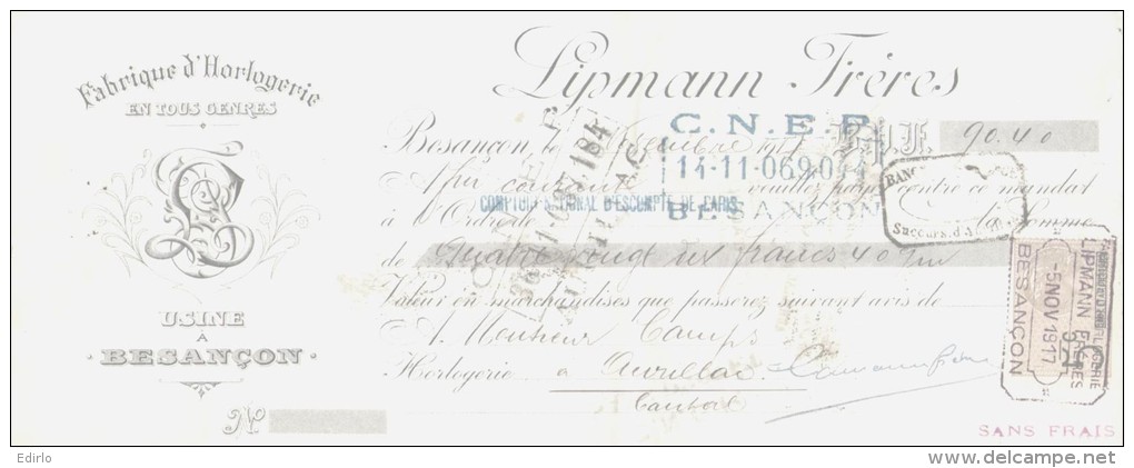 LETTRE DE CHANGE - 1917  Bijouterie Horlogerie LIPMANN -  Besançon - 1900 – 1949