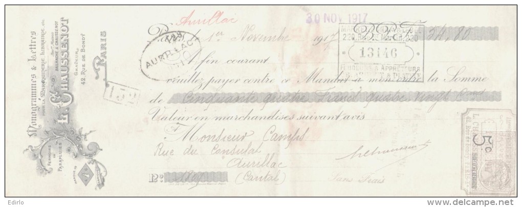 LETTRE DE CHANGE - Imprimerie Monogramme Et Lettres L  CHAUSSENOT  Rue De Bondy Graveur PARIS - 1900 – 1949