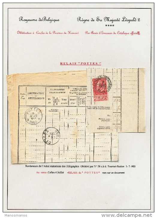 DT272 -  Collection Lesaffre - Document Des Télégraphes TP Fine Barbe TOURNAI 1900 - RARE RELAIS De POTTES Via CELLES - Timbres Télégraphes [TG]