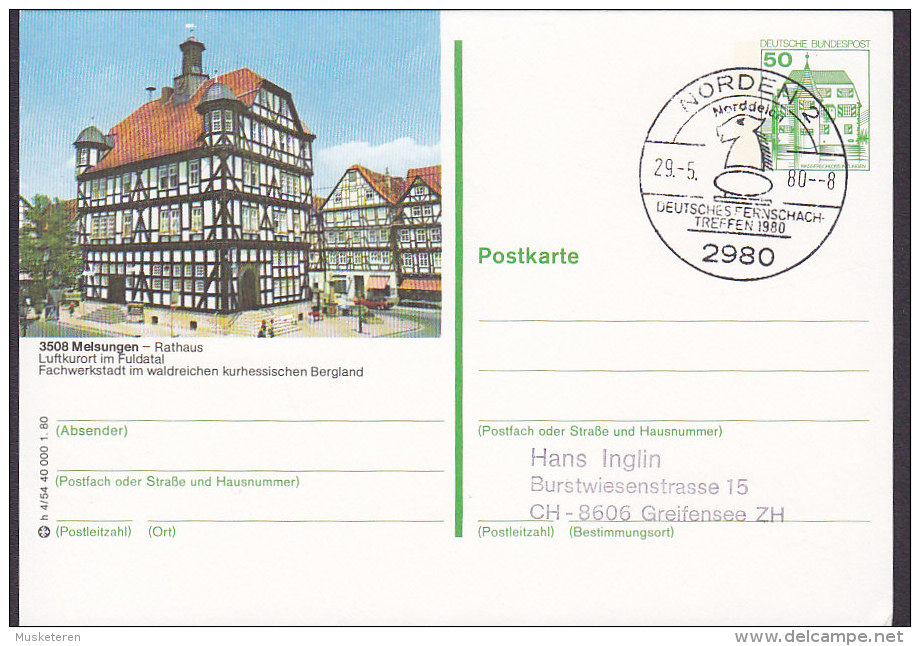 Germany Postal Stationery Ganzsache Entier NORDEN 1980 Chess Schach Échecs Meisungen - Rathaus Cachet - Cartoline Illustrate - Usati