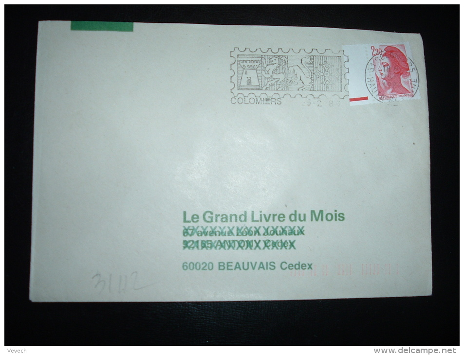 LETTRE TP LIBERTE DE GANDON 2,20 CARNET BORD RE OBL.MEC.25-2-1986 COLOMIERS HAUTE-GARONNE (31) - 1982-1990 Liberté De Gandon