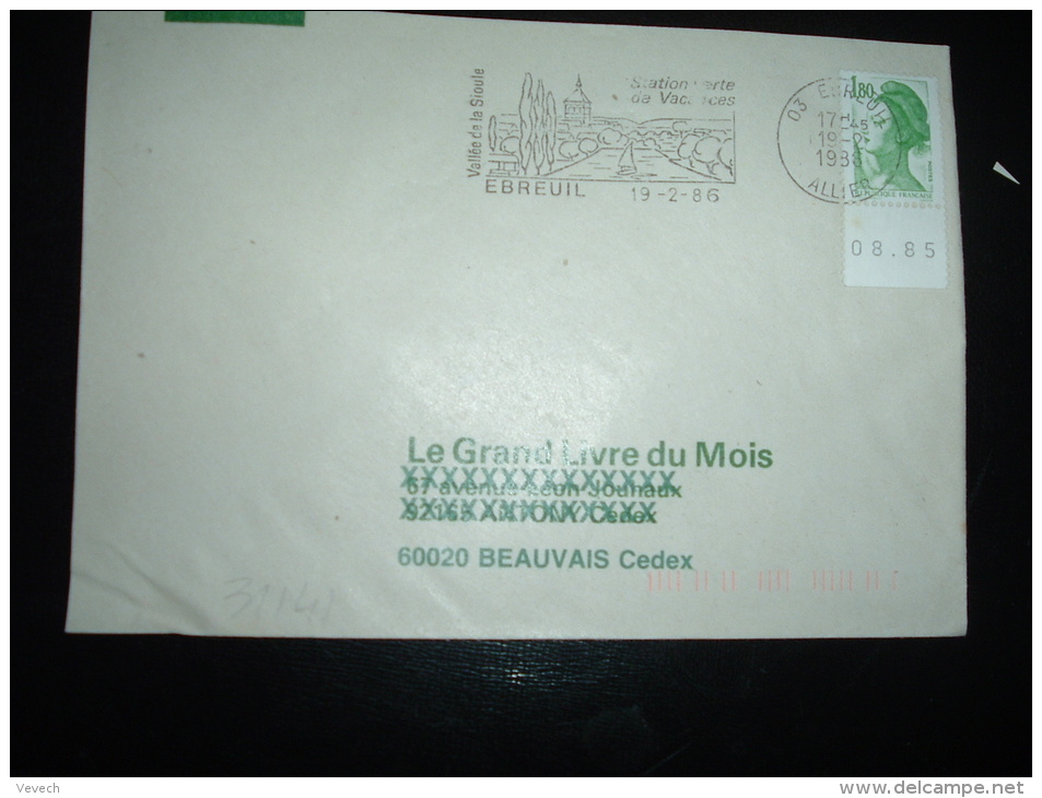 LETTRE TP LIBERTE DE GANDON 1,80 BORD DATE 08.85 OBL.MEC.19-2-1986 EBREUIL (03 ALLIER) - 1982-1990 Liberté De Gandon