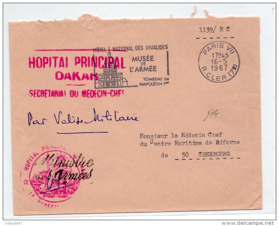 1967 - ENVELOPPE PAR VALISE MILITAIRE Avec CACHET "HOPITAL PRINCIPAL DAKAR" - Militaire Stempels Vanaf 1900 (buiten De Oorlog)