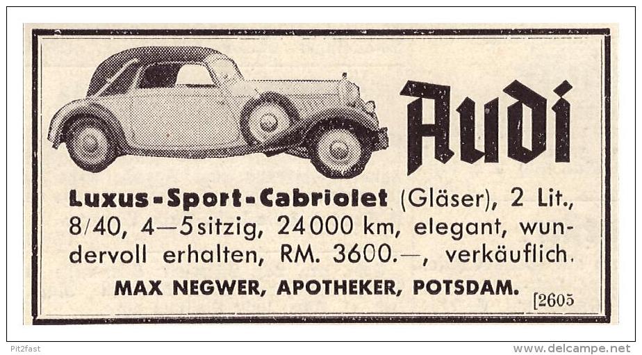 Original Werbung - 1937 - AUDI Luxus-Sport-Cabriolet , Max Negwer In Potsdam , Apotheke , Oldtimer , Automobile !!! - Cars