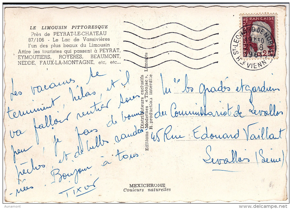 Francia--Peyrat-le-Chateau--1961--Le Lac De Vassivieres--87--Cachet--Saint Leonard De Noblat - Limoges