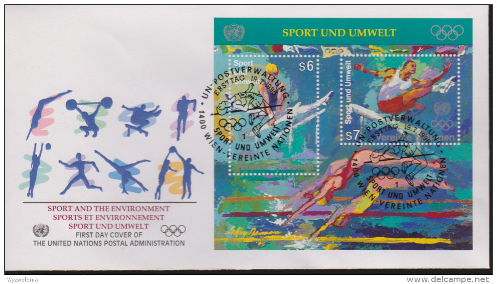 Sport 508) UNO Wien Mi# 214, 215 In Block 7 FDC: Sport Und Umwelt, Turnen Barren, Leichtathletik Hürdenlauf, Schwimmen - Verano 1996: Atlanta