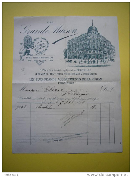 Facture Illustrée A La Grande Maison Vêtements Pour Hommes  à Montpellier 1895 - Textile & Vestimentaire