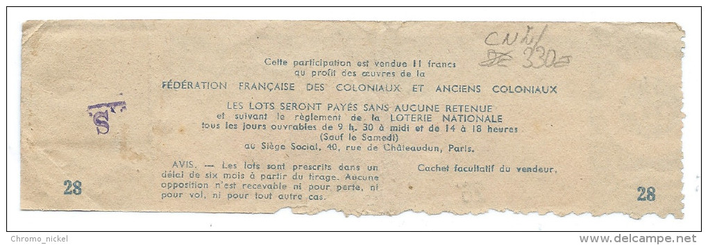 Cambodge Apsara Loterie Nationale France Empire Français APSARA 1942  Voir 2 Scans TB 150 X 45 Mm - Billets De Loterie