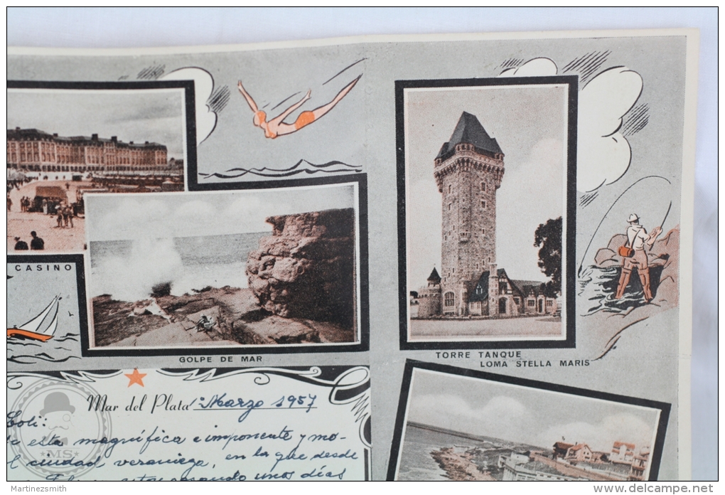 Old & Rare 1957 Argentina Folded Postcard - Mar De Plata - Posted - Argentina
