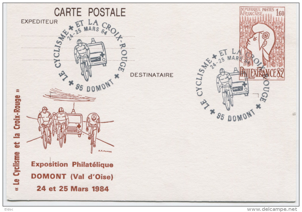 PHILEXFRANCE 82 (Yvert N° 2216-CP1 ENTIER POSTAL Repiqué Oblit. Temporaire Cyclisme Et Croix Rouge/ 1984 - Overprinter Postcards (before 1995)