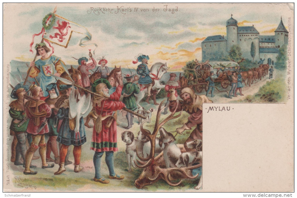 Litho AK Schloss Mylau Im Mittelalter Rückkehr Kaiser Karl IV Von Jagd Vogtland Bei Reichenbach Zwickau Plauen Greiz - Mylau