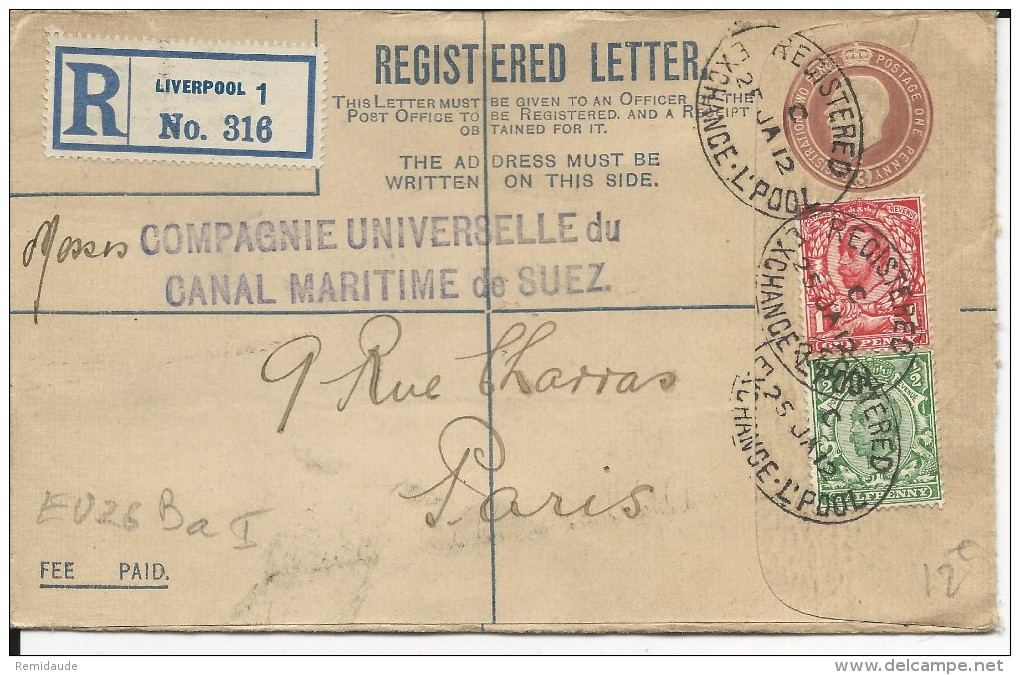 GB - 1912 - ENVELOPPE ENTIER POSTAL RECOMMANDEE De LIVERPOOL Pour PARIS - Material Postal