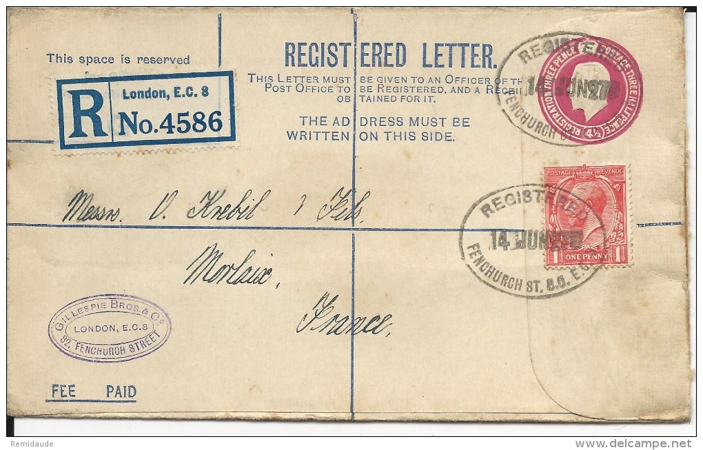 GB - 1927 - ENVELOPPE ENTIER POSTAL RECOMMANDEE De LONDON Pour MORLAIX - Stamped Stationery, Airletters & Aerogrammes