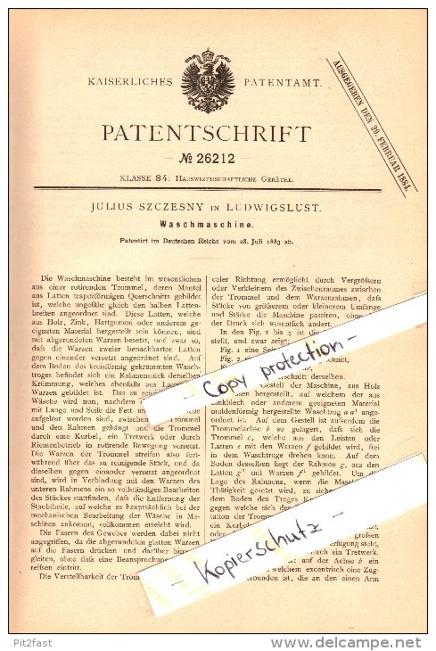 Original Patent - Julius Szczesny In Ludwigslust I. Mecklenburg , 1883 , Waschmaschine , Wäscherei !!! - Ludwigslust