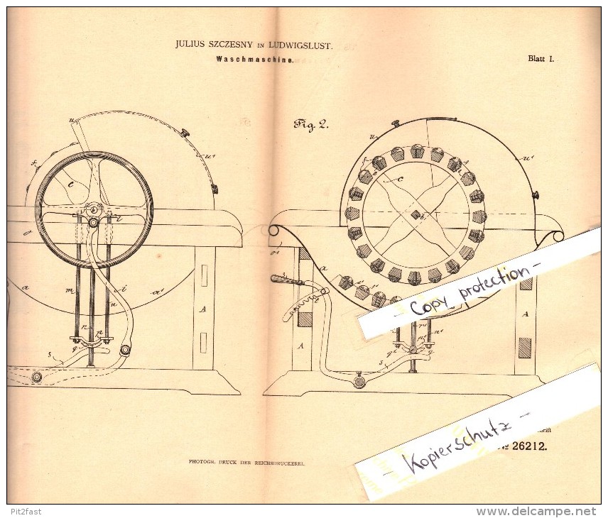 Original Patent - Julius Szczesny In Ludwigslust I. Mecklenburg , 1883 , Waschmaschine , Wäscherei !!! - Ludwigslust