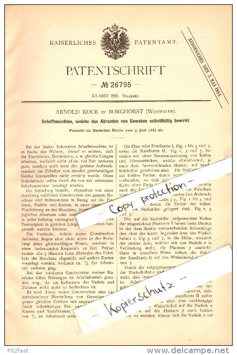 Original Patent - Arnold Kock In Borghorst B. Steinfurt , 1883 , Schaftmaschine Für Weberei !!! - Steinfurt