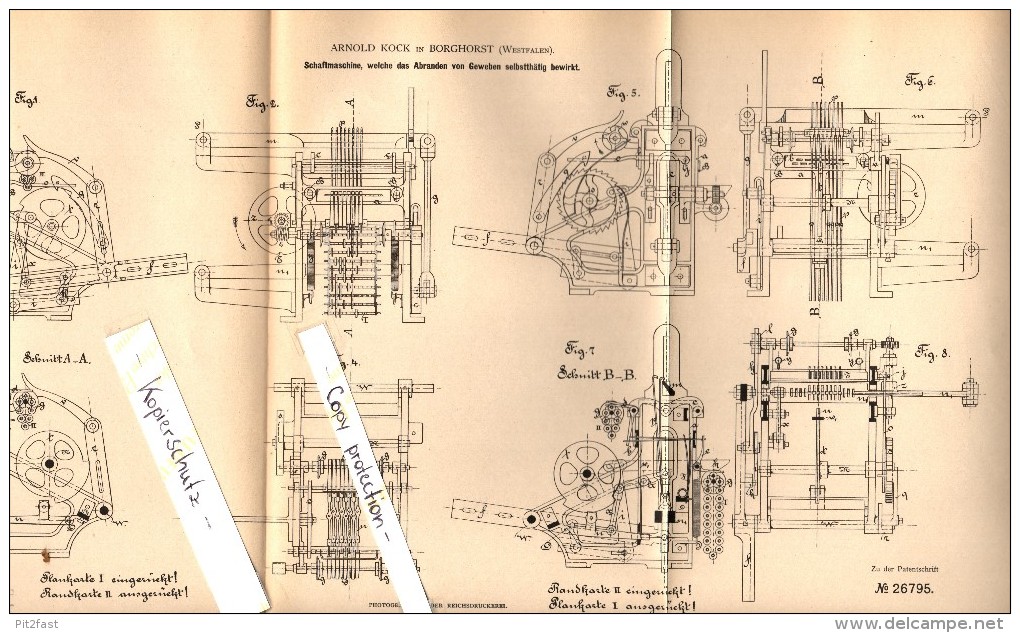 Original Patent - Arnold Kock In Borghorst B. Steinfurt , 1883 , Schaftmaschine Für Weberei !!! - Steinfurt