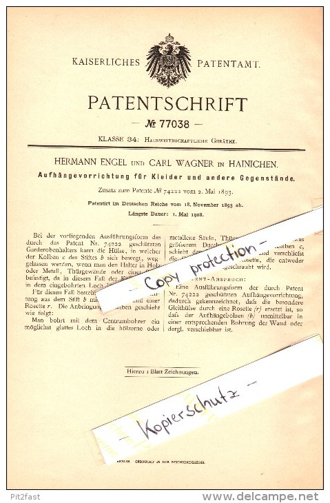 Original Patent - Hermann Engel Und Carl Wagner In Hainichen , 1893 , Aufhängevorrichtung Für Kleider !!! - Hainichen