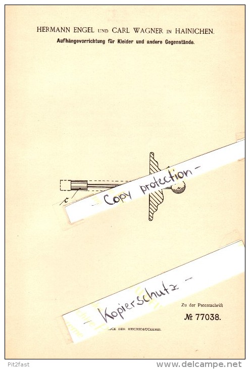 Original Patent - Hermann Engel Und Carl Wagner In Hainichen , 1893 , Aufhängevorrichtung Für Kleider !!! - Hainichen