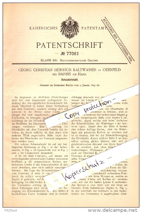 Original Patent - G.H. Kaltwasser In Oderfeld B. Barbis / Bad Lauterberg , 1893 , Schaukelstuhl !!! - Bad Lauterberg