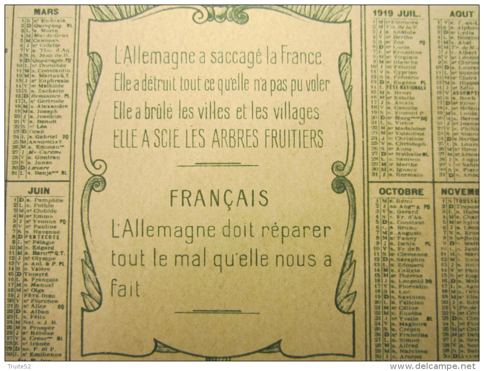 1919 - CALENDRIER -  MILITAIRE - L'Allemagne A Saccagé La France ...Elle A Scié Les Arbres Fruitiers. FRANCAIS.... - Formato Grande : 1901-20