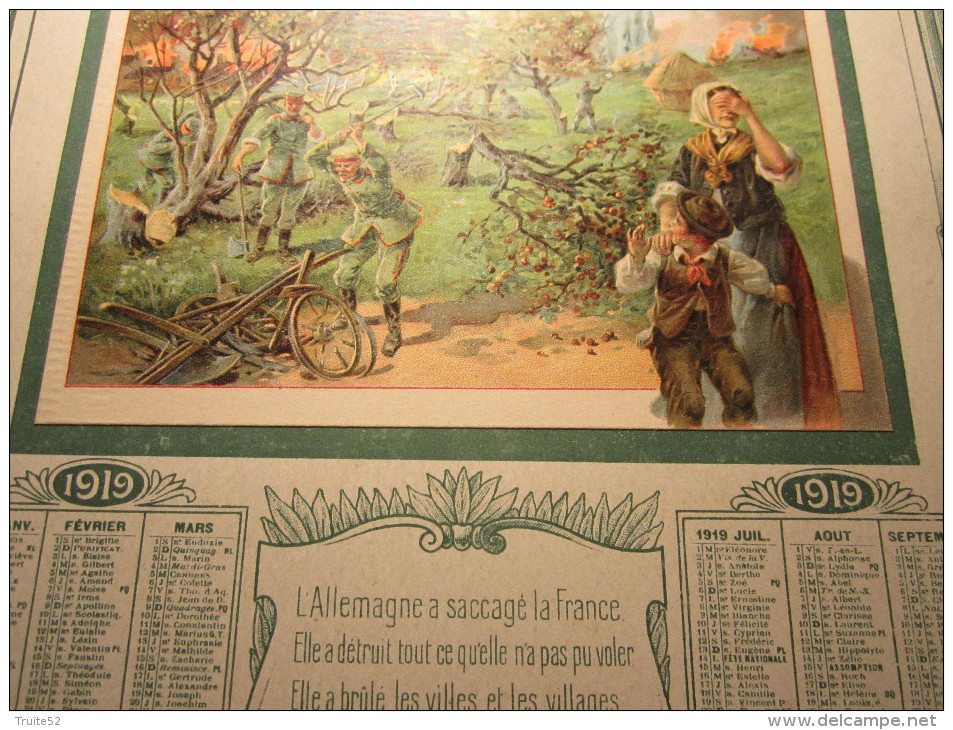 1919 - CALENDRIER -  MILITAIRE - L'Allemagne A Saccagé La France ...Elle A Scié Les Arbres Fruitiers. FRANCAIS.... - Grossformat : 1901-20