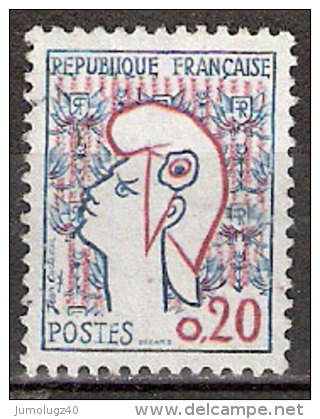 Timbre France Y&T N°1282 (08) Obl.  Marianne De Cocteau. 0.20 Fc. Bleu Et Rouge. Cote 0,15 € - 1961 Marianne De Cocteau