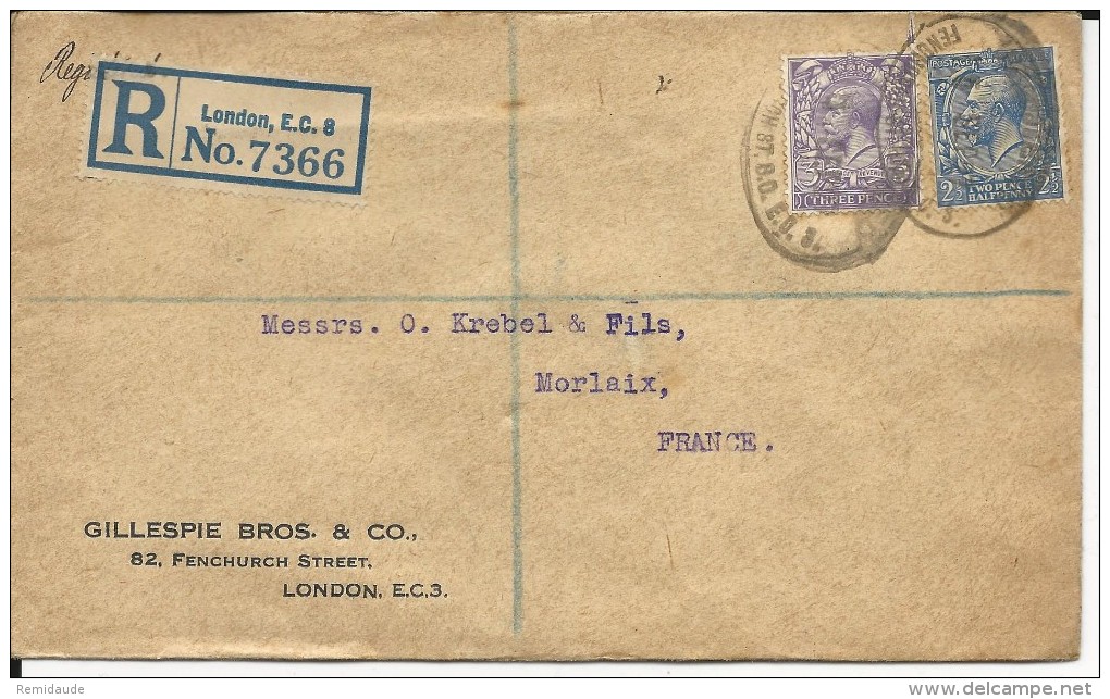 GB - 1927 - ENVELOPPE RECOMMANDEE De LONDON Pour MORLAIX - Covers & Documents